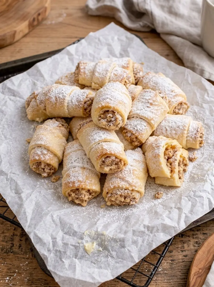 A pile of Grandma's Christmas nut horns, rolled crescent cookies with walnut filling, dusted with powdered sugar on parchment paper