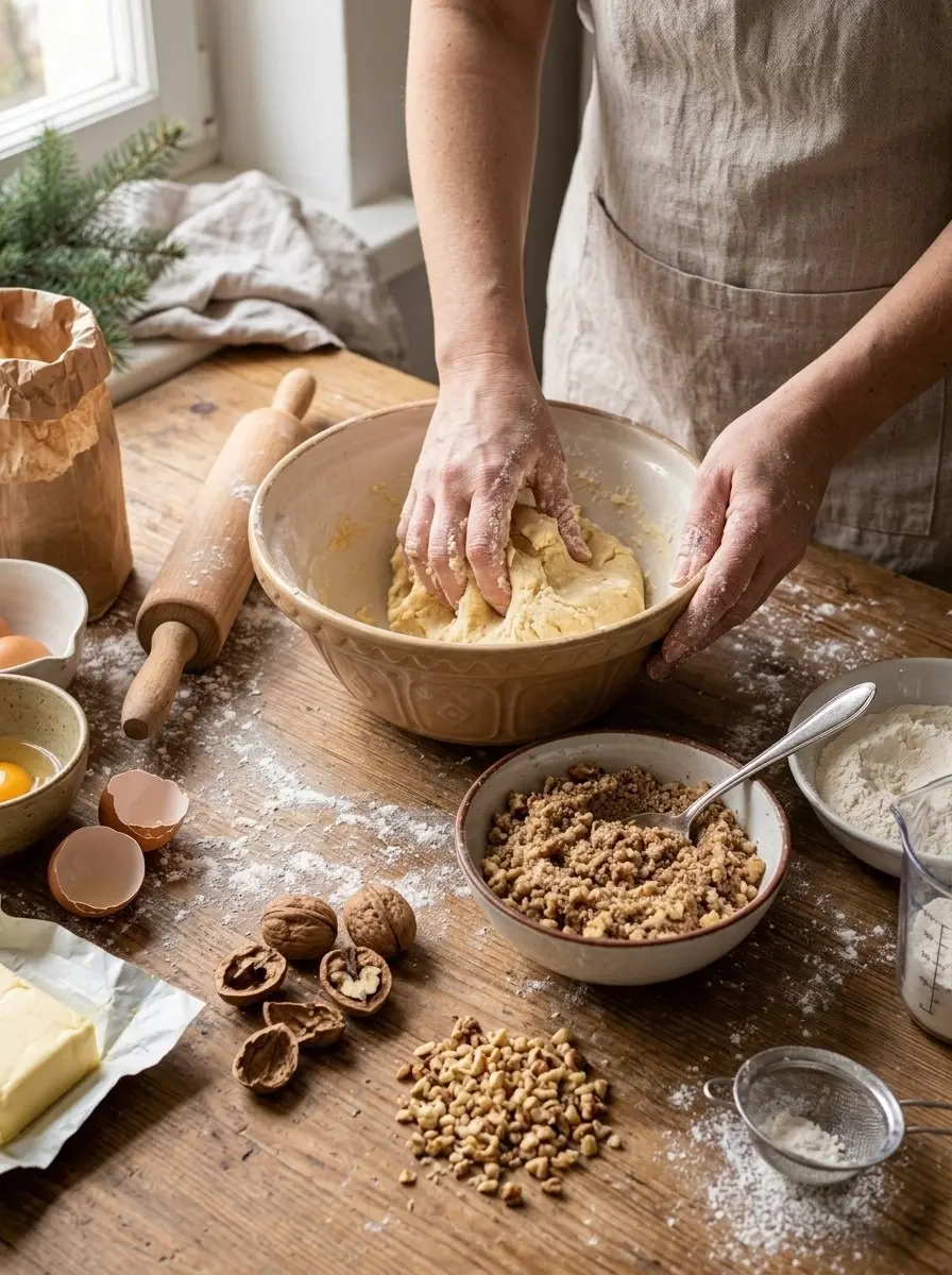 Grandma's Christmas Nut Horns 5 Kneading soft dough in a large bowl beside a bowl of ground walnut filling and a rolling pin for Christmas nut horns