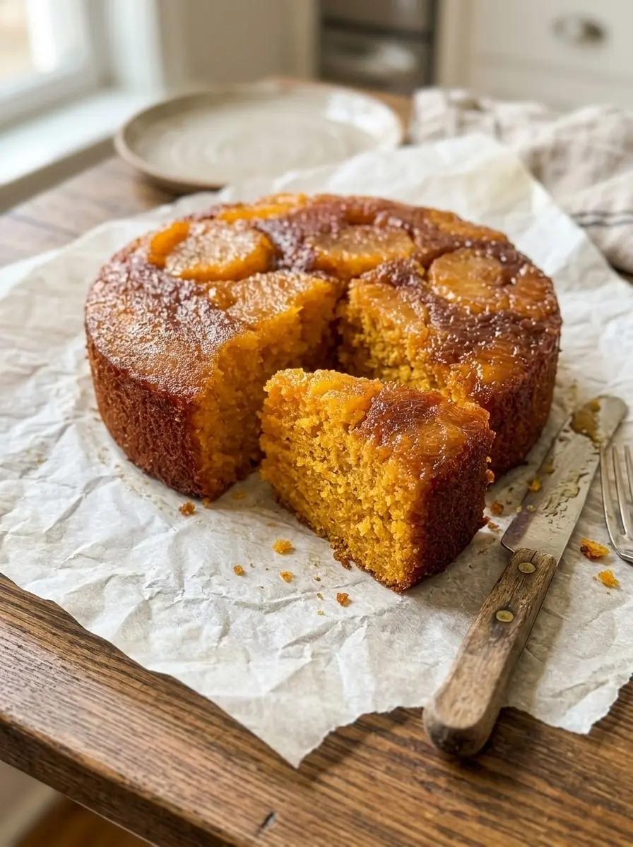 Sweet potato butter cake with a golden caramelized top and a slice cut out, served on parchment with a knife and fork