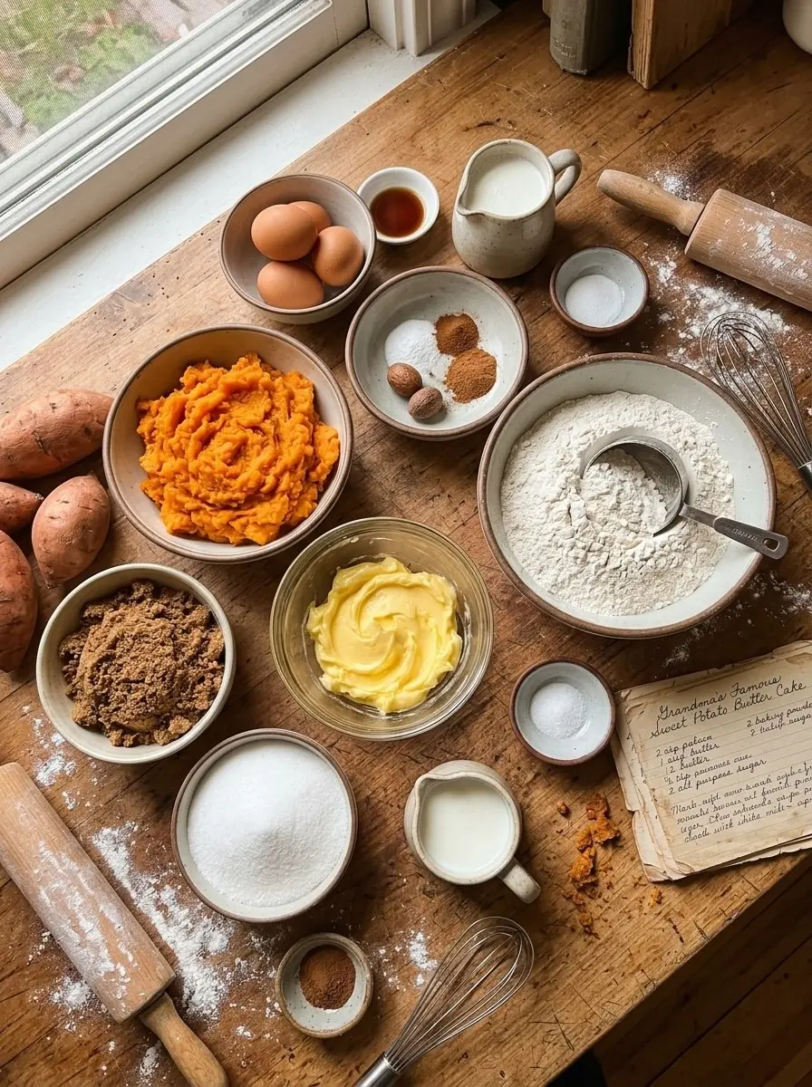 Grandma's Famous Sweet Potato Butter Cake 4 Ingredients for sweet potato butter cake: mashed sweet potatoes, eggs, vanilla, milk, spices, brown sugar, butter, sugar, and flour with a handwritten recipe card