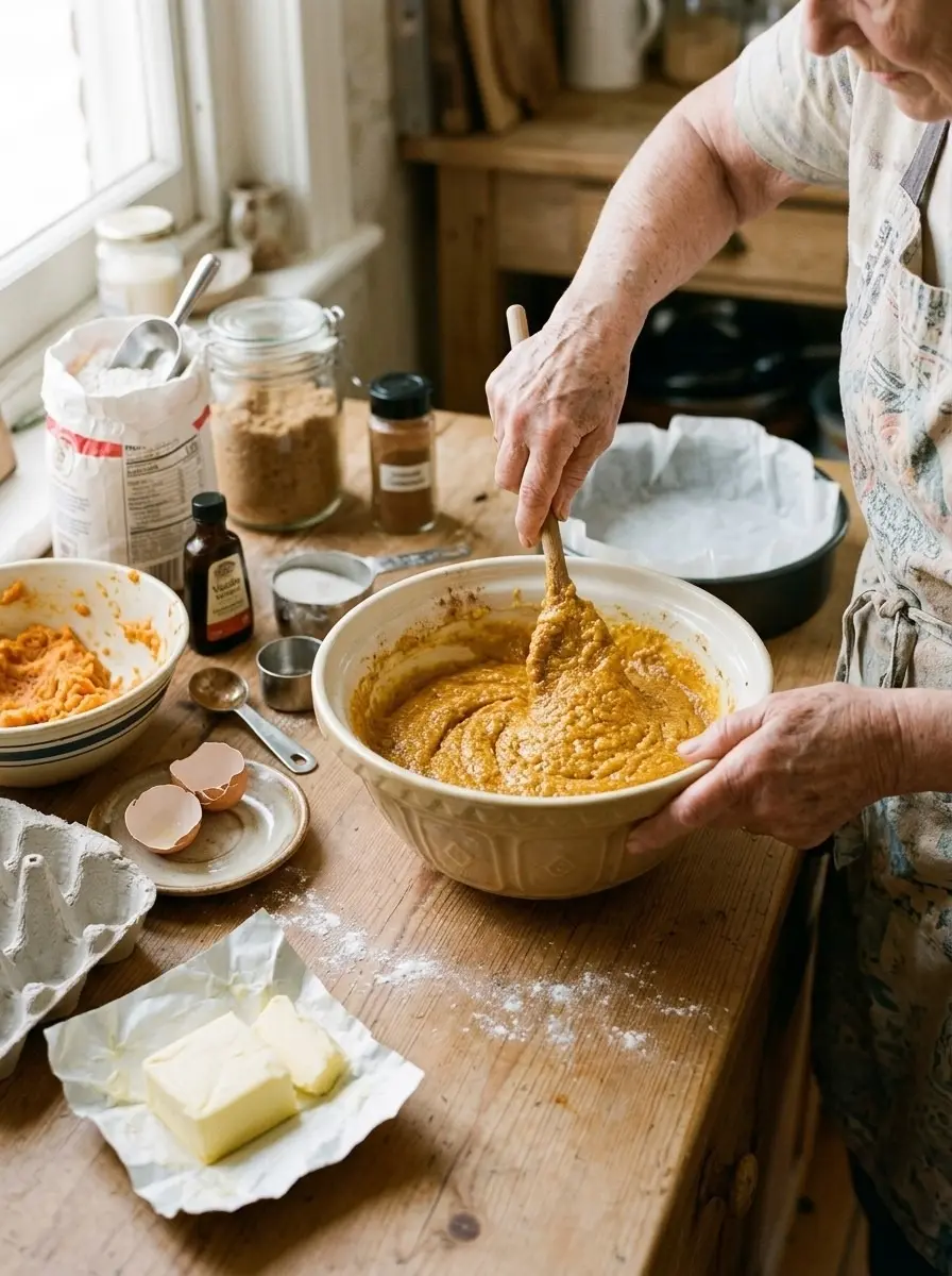 Grandma's Famous Sweet Potato Butter Cake 5 Stirring sweet potato butter cake batter in a large bowl next to a parchment-lined round cake pan