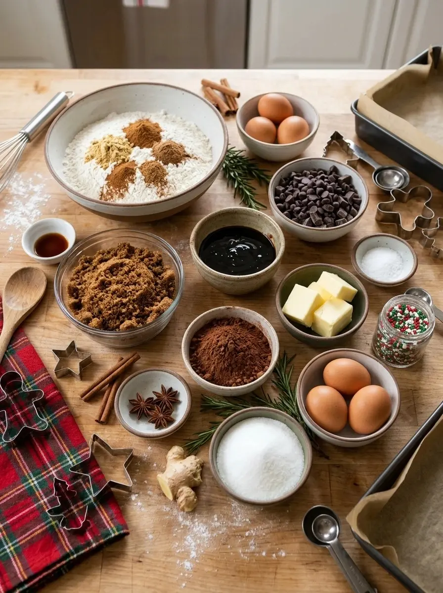 Holiday Gingerbread Brownies 4 Ingredients for holiday gingerbread brownies: flour, spices, molasses, brown sugar, cocoa, butter, eggs, chocolate chips, and cookie cutters