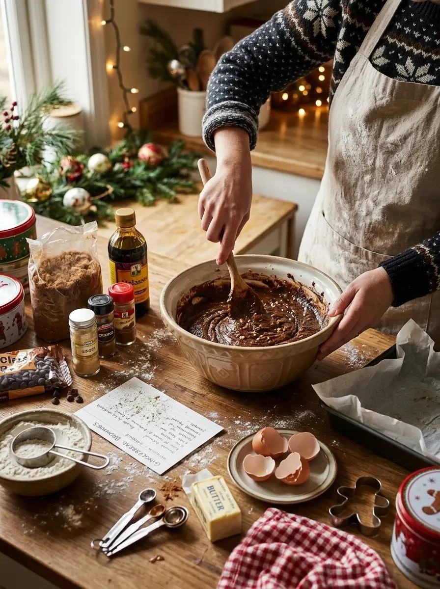 Holiday Gingerbread Brownies 5 Stirring chocolate gingerbread brownie batter in a large bowl next to molasses, ginger, cinnamon, and butter