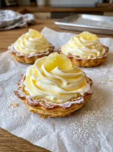 Homemade lemon pastry cream piped in swirls into golden tartlet shells, topped with candied lemon and dusted with powdered sugar