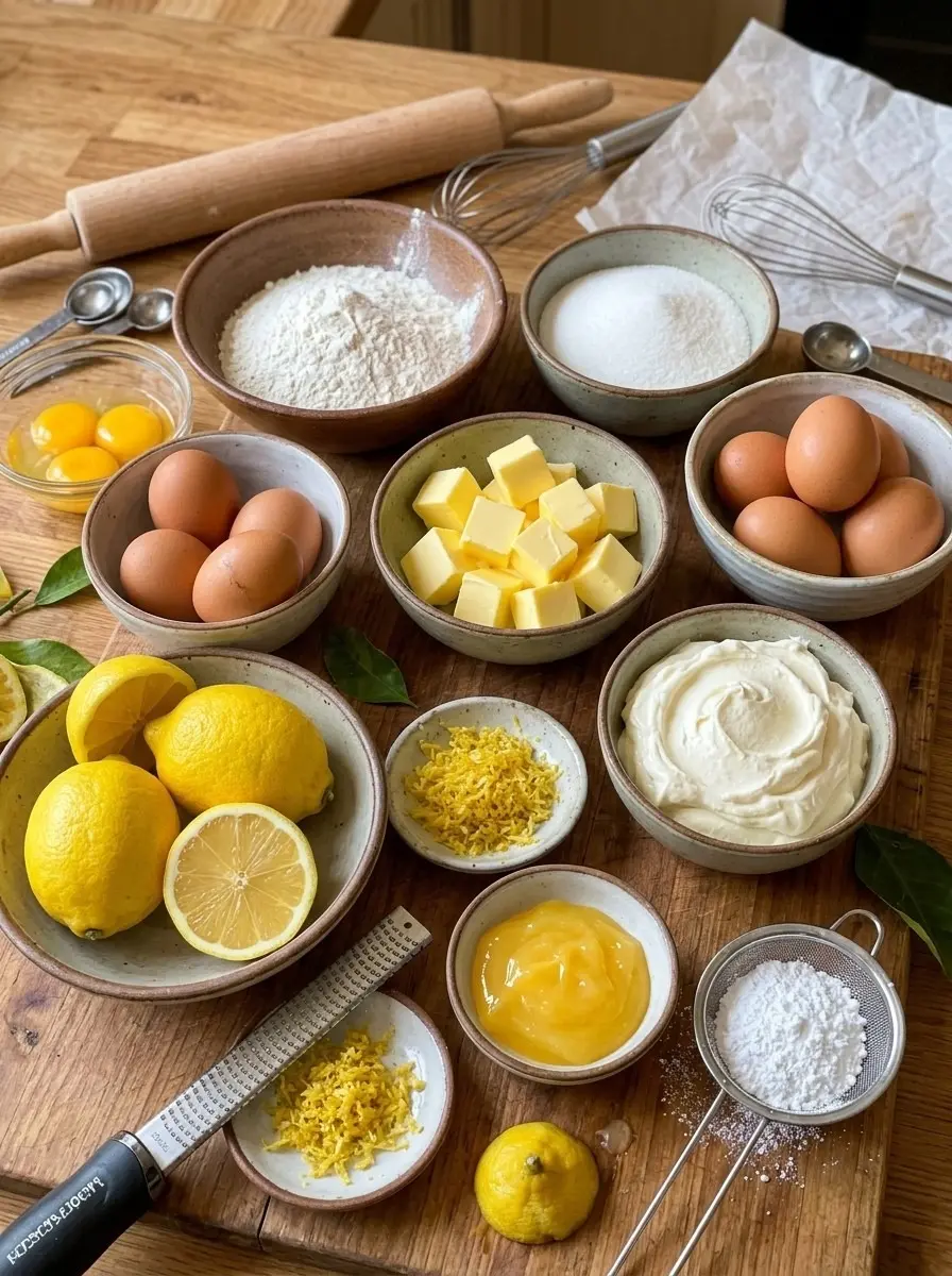 Ingredients for lemon pastry cream and tartlets: lemons, lemon zest, eggs, egg yolks, butter, cream, sugar, flour, and powdered sugar