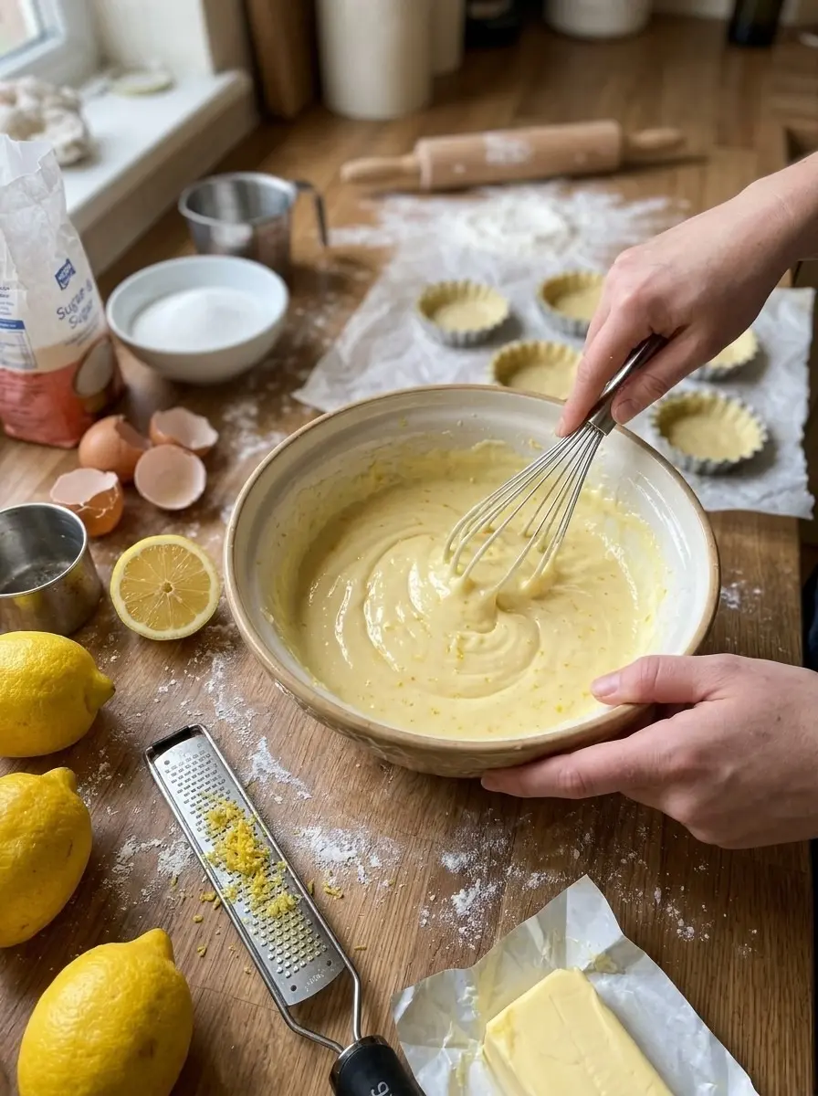 Whisking smooth pale yellow lemon custard in a large bowl beside lemons, a zester, butter, and small tartlet shells