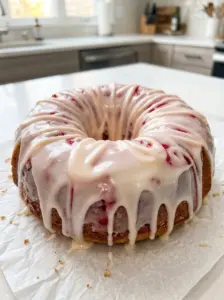 Strawberry cream cheese pound cake baked in a bundt pan with vanilla glaze dripping down the sides