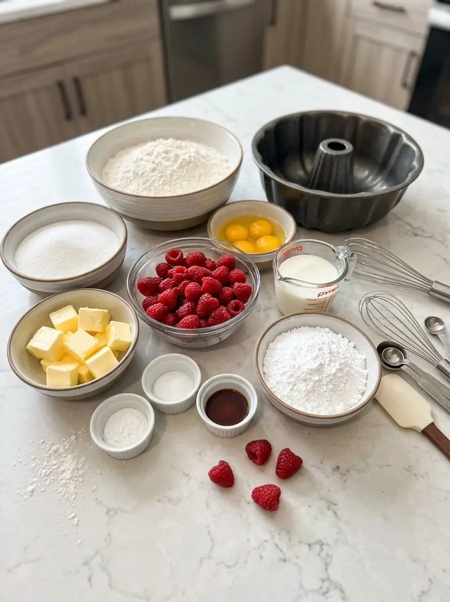 Ingredients for pound cake: flour, sugar, butter, eggs, fresh raspberries, milk, powdered sugar, vanilla, and a bundt pan