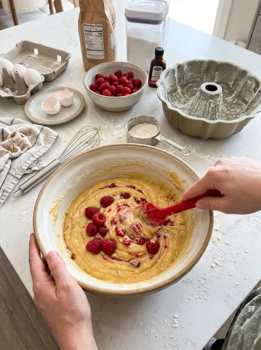 Folding fresh raspberries into pound cake batter in a large bowl
