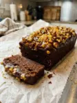 Honey-Glazed Cardamom Date Cake 6 Sliced loaf of dark chocolate walnut cake on parchment paper with a glossy chopped walnut topping