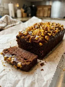 Sliced loaf of dark chocolate walnut cake on parchment paper with a glossy chopped walnut topping