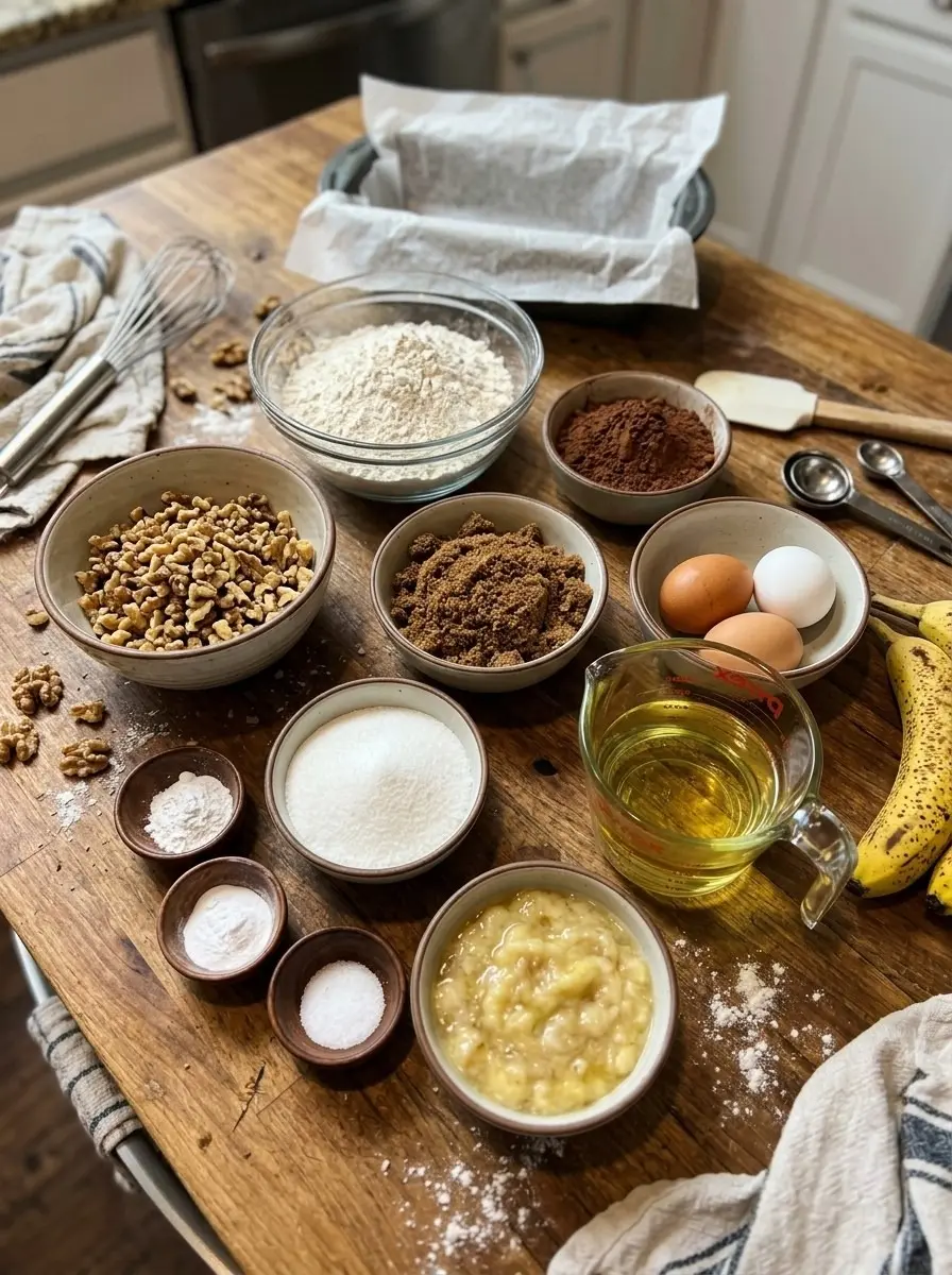 Honey-Glazed Cardamom Date Cake 4 Ingredients laid out on a wooden table: flour, cocoa powder, chopped walnuts, brown sugar, sugar, eggs, oil, mashed bananas, and leavening