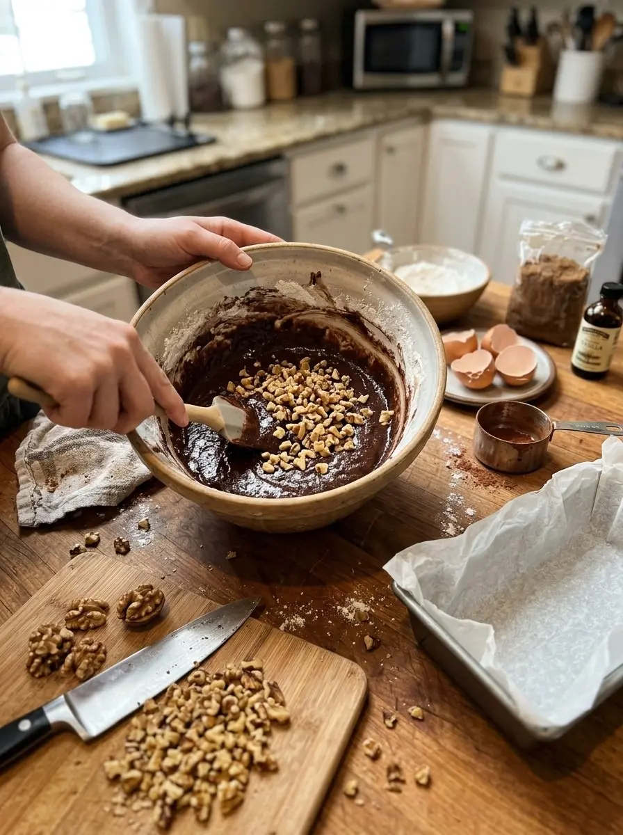 Honey-Glazed Cardamom Date Cake 5 Folding chopped walnuts into dark chocolate batter in a large bowl beside a lined loaf pan