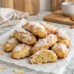 Italian Almond Cookies (Mandorlini) 6 A pile of Italian almond cookies mandorlini coated in sliced almonds and dusted with powdered sugar, one broken open to show the soft chewy center