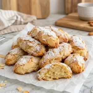 A pile of Italian almond cookies mandorlini coated in sliced almonds and dusted with powdered sugar, one broken open to show the soft chewy center