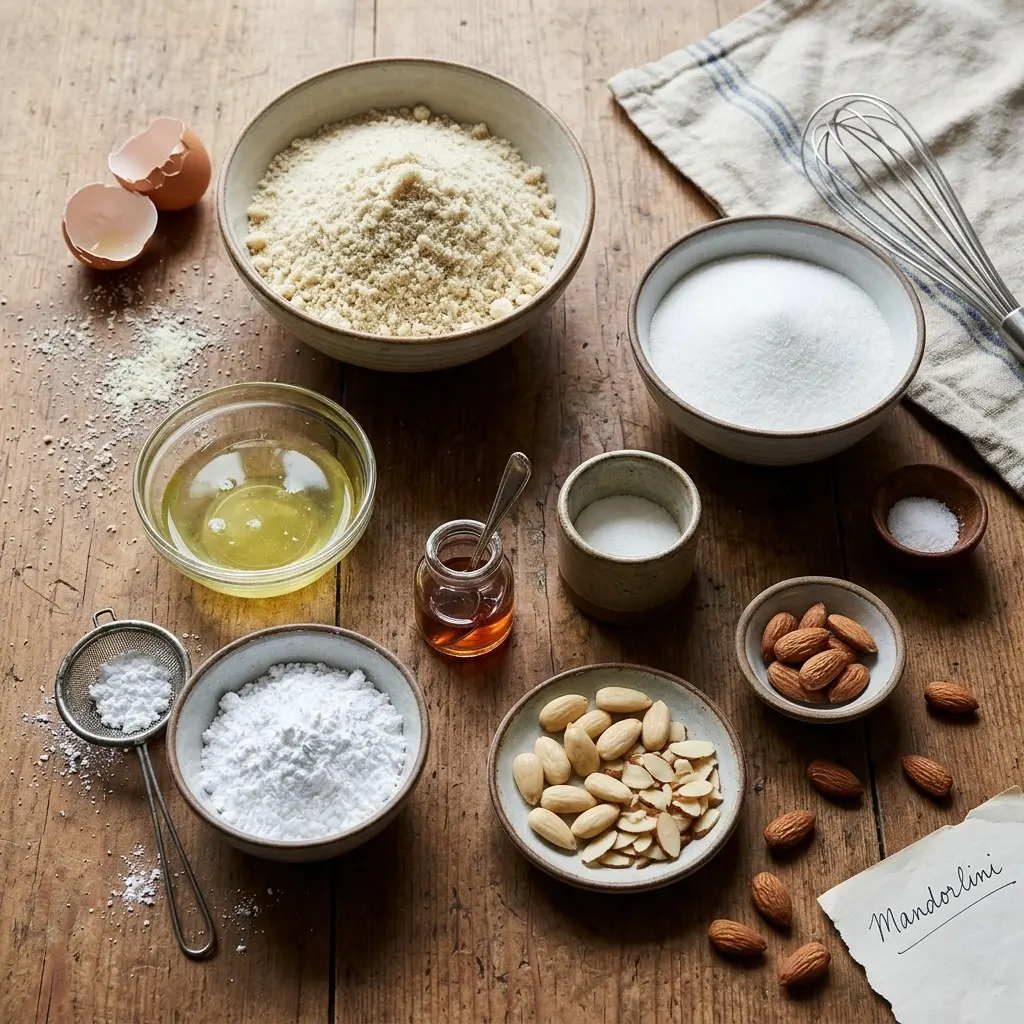 Italian Almond Cookies (Mandorlini) 4 Ingredients for Italian almond cookies mandorlini: ground almonds, sugars, egg white, amaretto, powdered sugar, and sliced and whole almonds