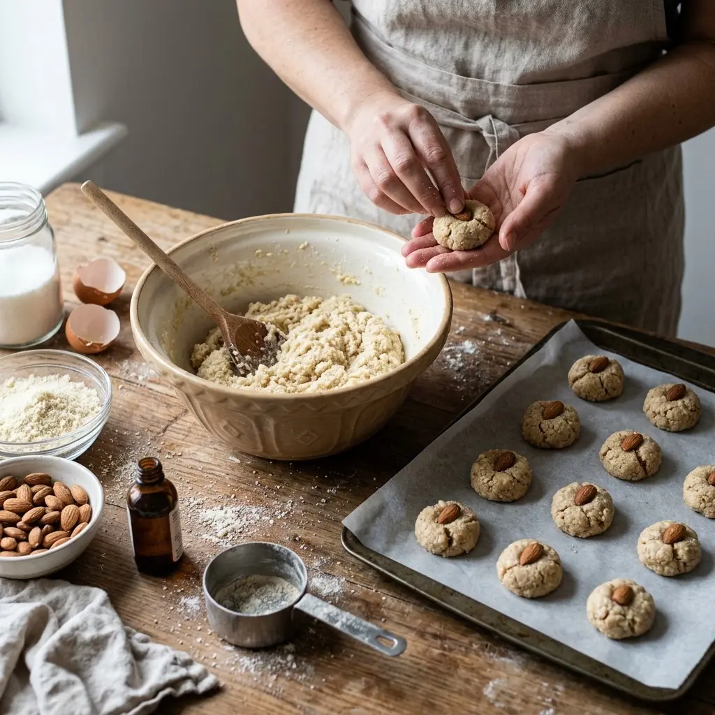 Italian Almond Cookies (Mandorlini) 5 Shaping soft almond dough into cookies topped with whole almonds on a parchment lined baking sheet for Italian almond cookies mandorlini