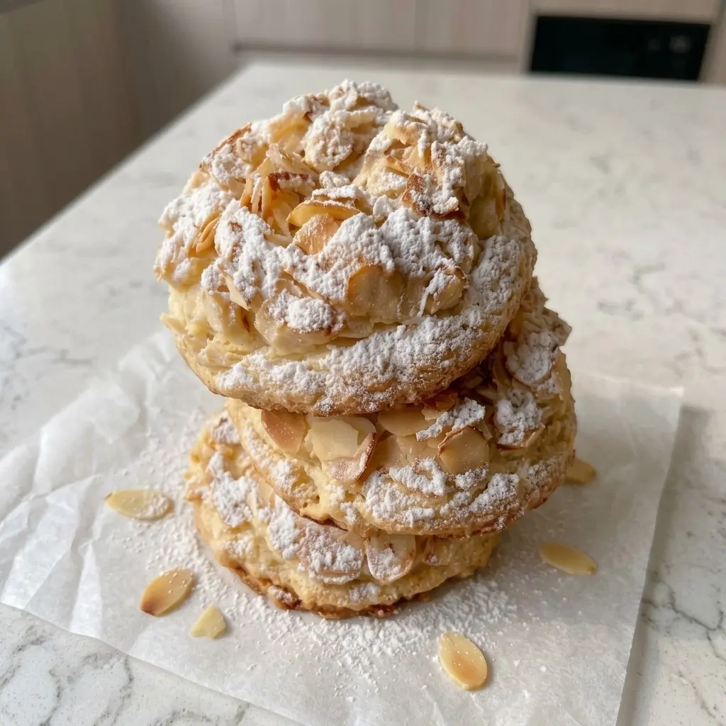 Stack of Italian Ricotta Cookies dusted with powdered sugar and topped with sliced almonds