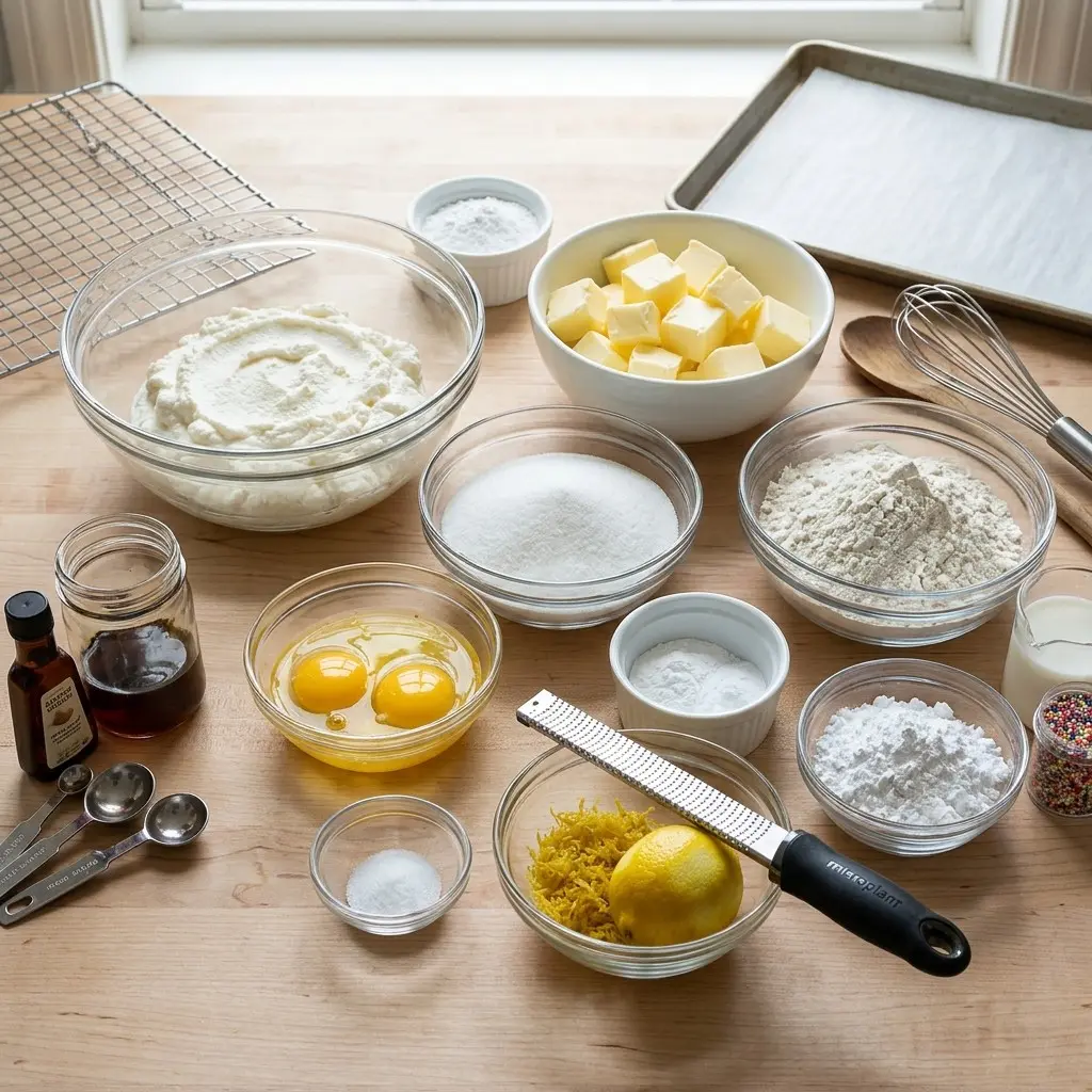 Italian Ricotta Cookies 7 Ingredients for Italian Ricotta Cookies laid out in bowls, including ricotta, butter, flour, sugar, eggs, and lemon zest