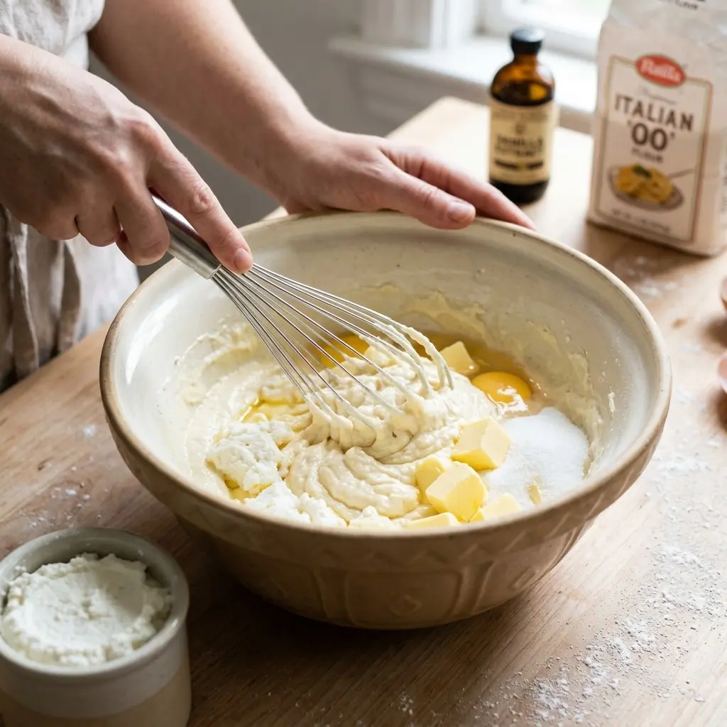 Italian Ricotta Cookies 8 Whisking Italian Ricotta Cookies dough with ricotta, butter, eggs, and sugar in a mixing bowl
