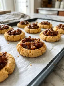 Keto pecan pie cookies with a pecan filling on a baking sheet