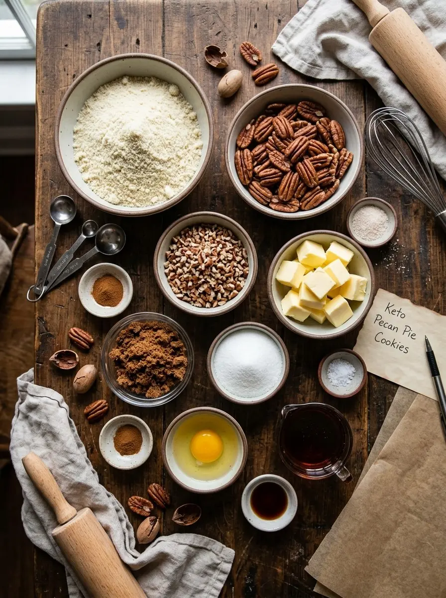 Keto Pecan Pie Cookies 4 Ingredients for keto pecan pie cookies: almond flour, pecans, butter, cream cheese, and allulose
