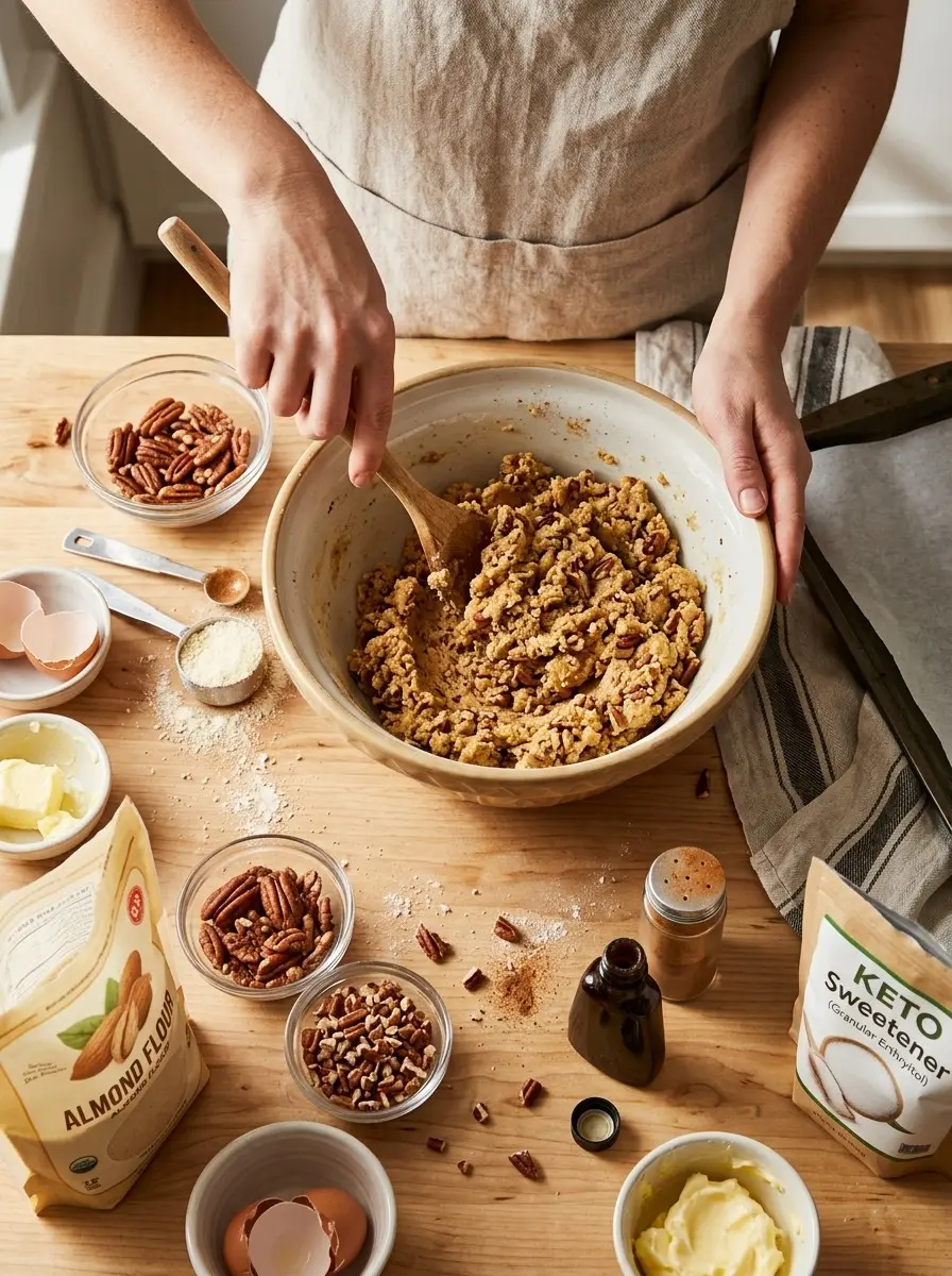Keto Pecan Pie Cookies 5 Mixing almond flour dough for keto pecan pie cookies