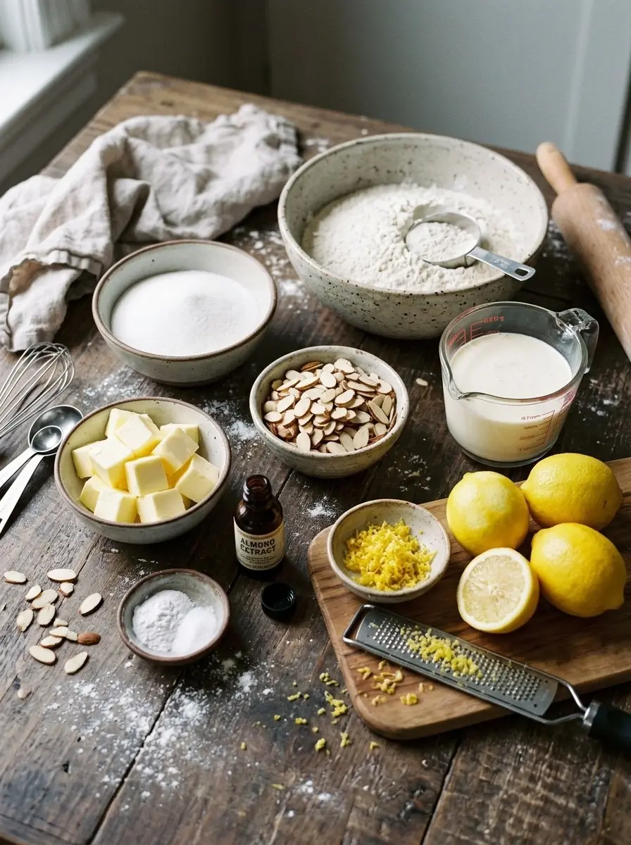 Ingredients for lemon almond cream scones: flour, sugar, butter, sliced almonds, almond extract, cream, lemons, and lemon zest