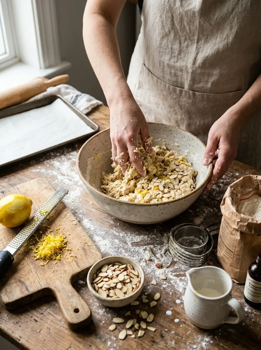 Mixing scone dough with sliced almonds and lemon zest by hand in a large bowl