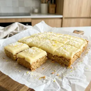 Lemon weet-bix slice cut into squares with lemon icing and coconut on baking paper