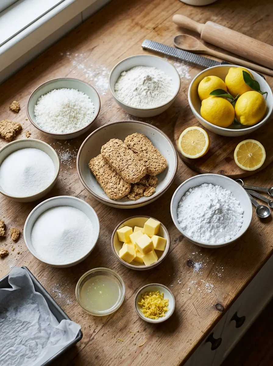Ingredients for lemon weet-bix slice: Weet-Bix, coconut, flour, sugars, butter, lemons and icing sugar