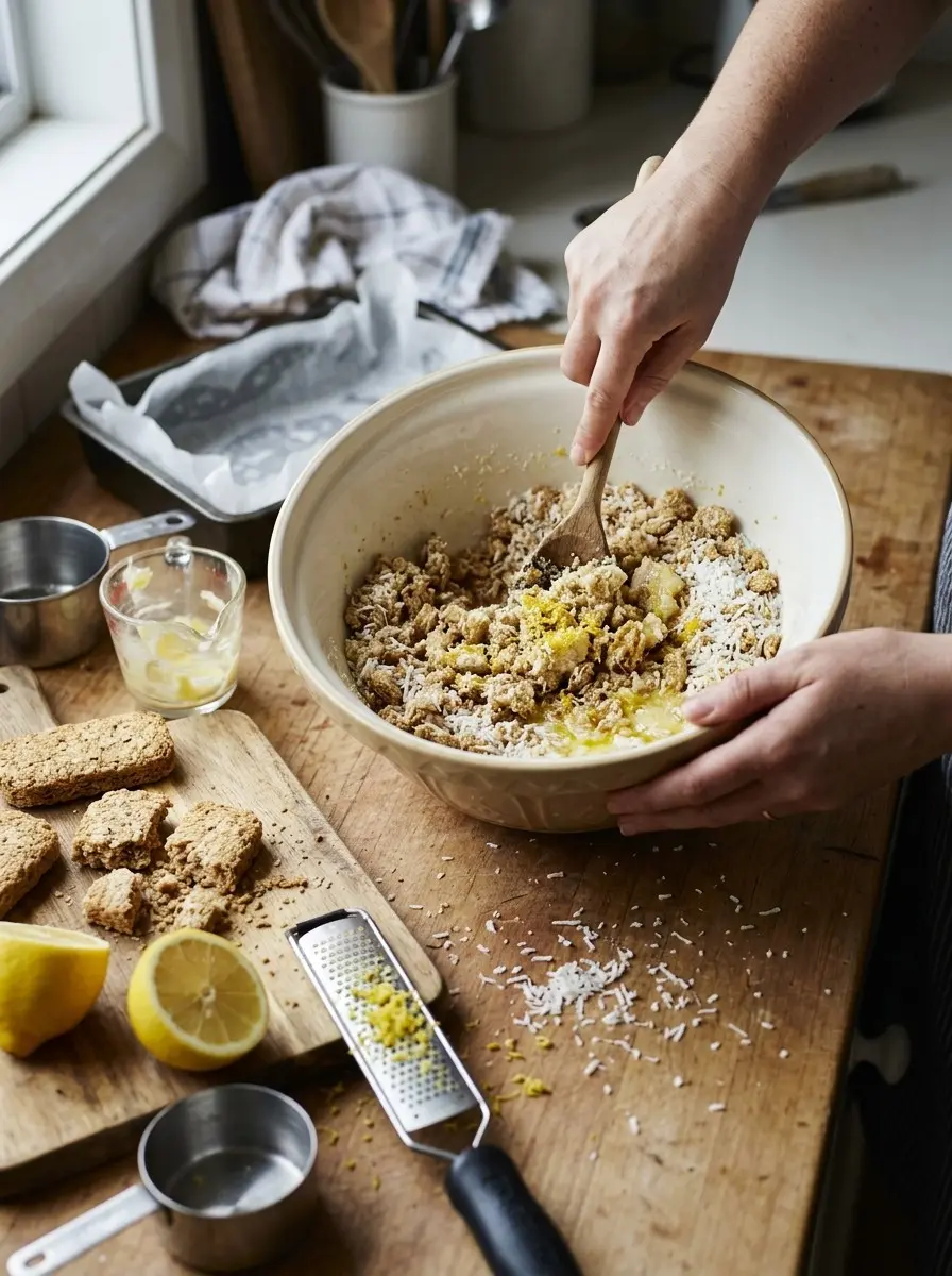 Mixing the Weet-Bix, coconut and lemon zest base for lemon weet-bix slice in a large bowl
