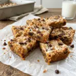 Magic cookie bars stacked on parchment with chocolate chips, coconut, and nuts
