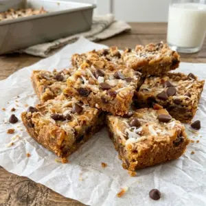 Magic cookie bars stacked on parchment with chocolate chips, coconut, and nuts