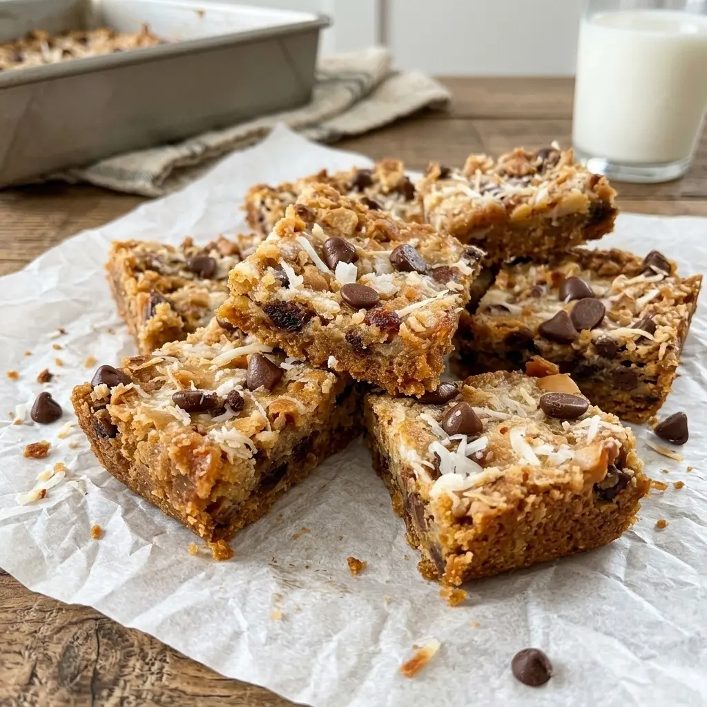 Magic cookie bars stacked on parchment with chocolate chips, coconut, and nuts