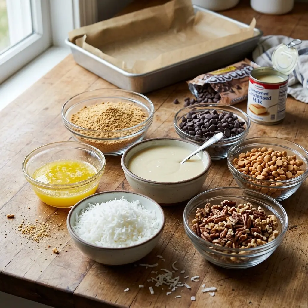 Magic Cookie Bars 4 Ingredients for magic cookie bars: graham cracker crumbs, melted butter, sweetened condensed milk, chocolate chips, coconut, and nuts