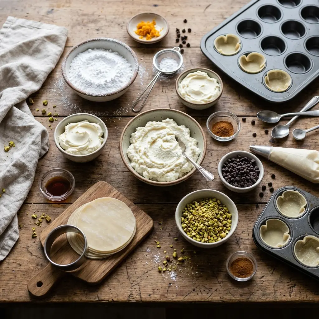 Ingredients for mini cannoli cups: wonton wrappers, ricotta, mascarpone, powdered sugar, mini chocolate chips, pistachios and orange zest
