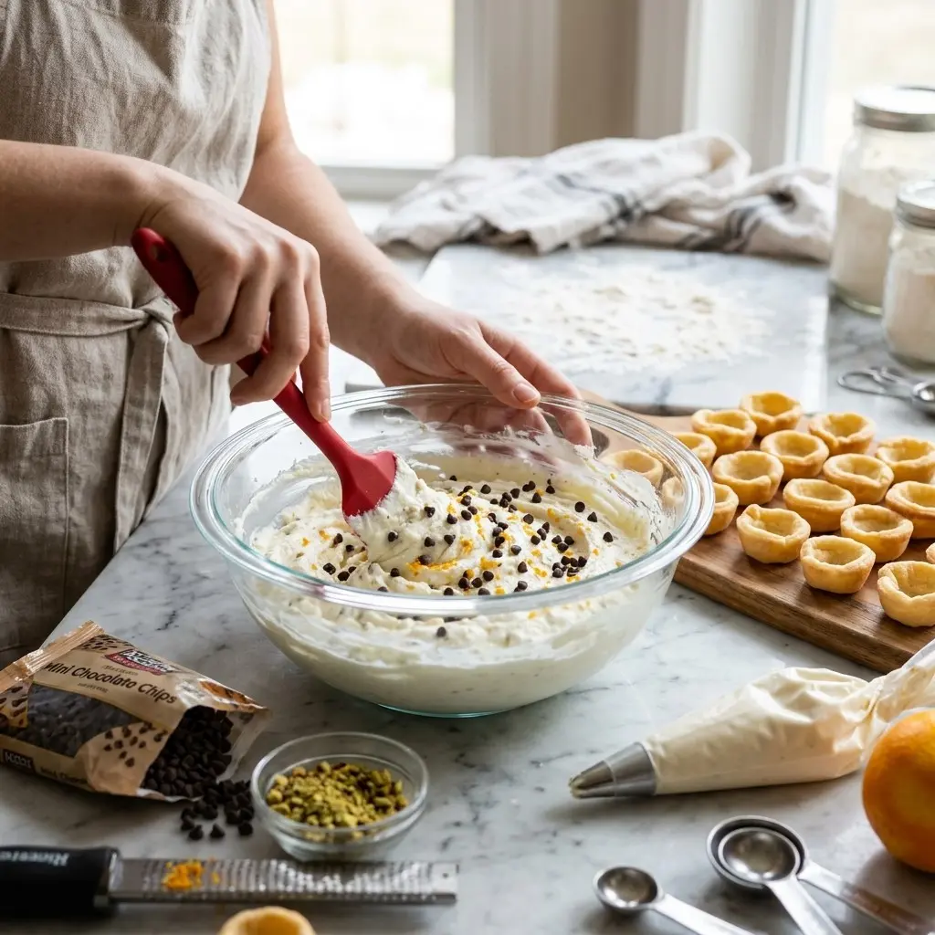 Folding mini chocolate chips and orange zest into ricotta cream for mini cannoli cups, with baked shells and a piping bag nearby