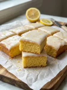 Squares of moist lemon sheet cake topped with lemon glaze and lemon zest, stacked on parchment paper with fresh lemons