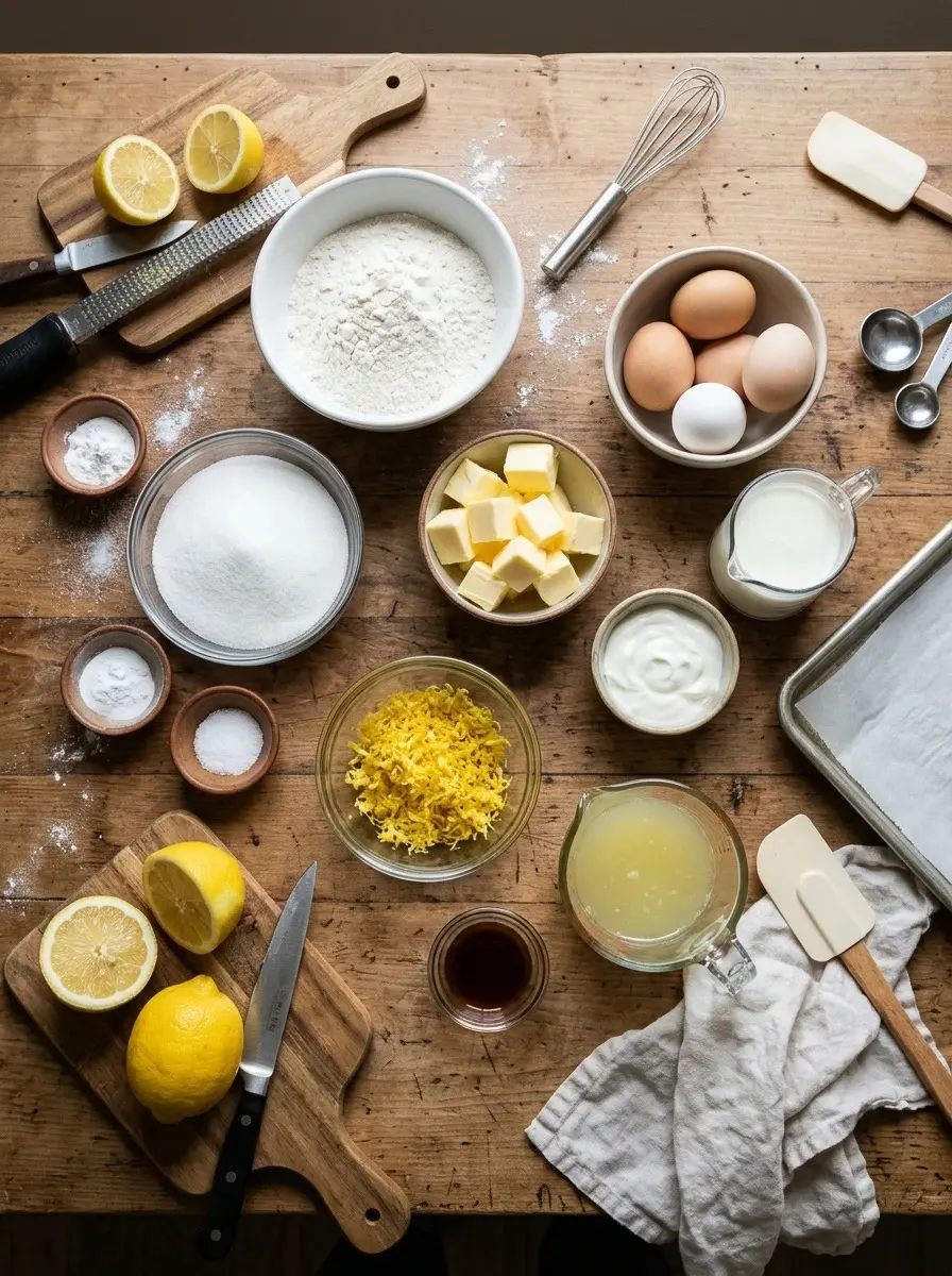 Moist Lemon Sheet Cake 4 Ingredients for moist lemon sheet cake: flour, sugar, butter, eggs, milk, lemon zest, lemon juice, and vanilla