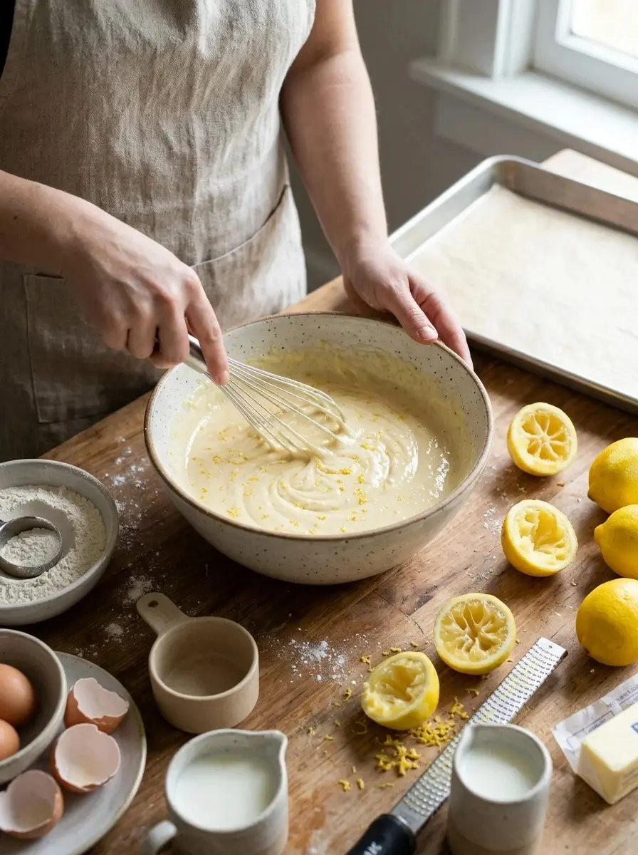 Moist Lemon Sheet Cake 5 Whisking lemon cake batter with fresh lemon zest in a large bowl for moist lemon sheet cake