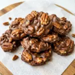 No Bake Chocolate Pecan Turtle Clusters 6 Stack of no bake chocolate pecan turtle clusters with pecan halves in glossy chocolate on parchment paper
