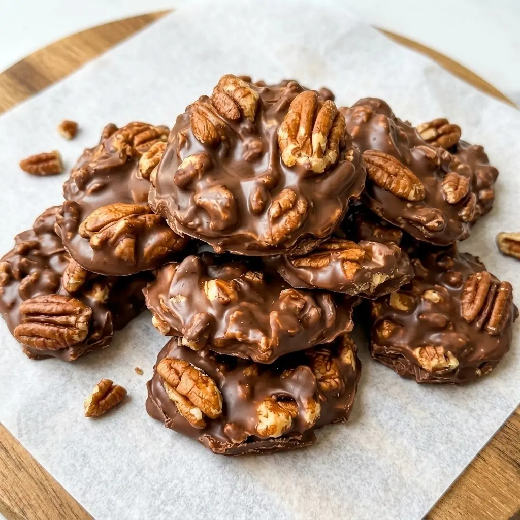 Stack of no bake chocolate pecan turtle clusters with pecan halves in glossy chocolate on parchment paper