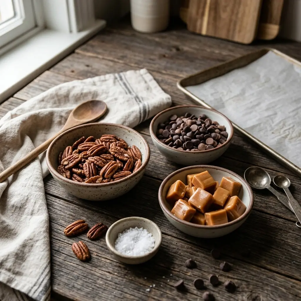 No Bake Chocolate Pecan Turtle Clusters 4 Ingredients for no bake chocolate pecan turtle clusters: pecan halves, chocolate chips, soft caramels and flaky sea salt