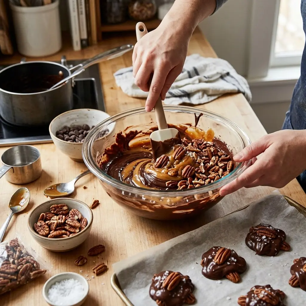 No Bake Chocolate Pecan Turtle Clusters 5 Stirring pecans into swirled melted chocolate and caramel for turtle clusters, with finished clusters setting on parchment