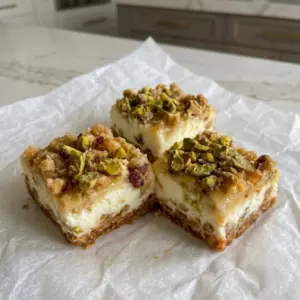 No-Bake Honey Pistachio Ricotta Bars with a graham cracker crust and chopped pistachio topping