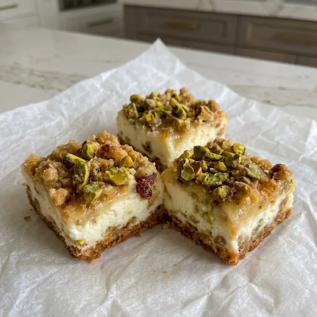 No-Bake Honey Pistachio Ricotta Bars with a graham cracker crust and chopped pistachio topping