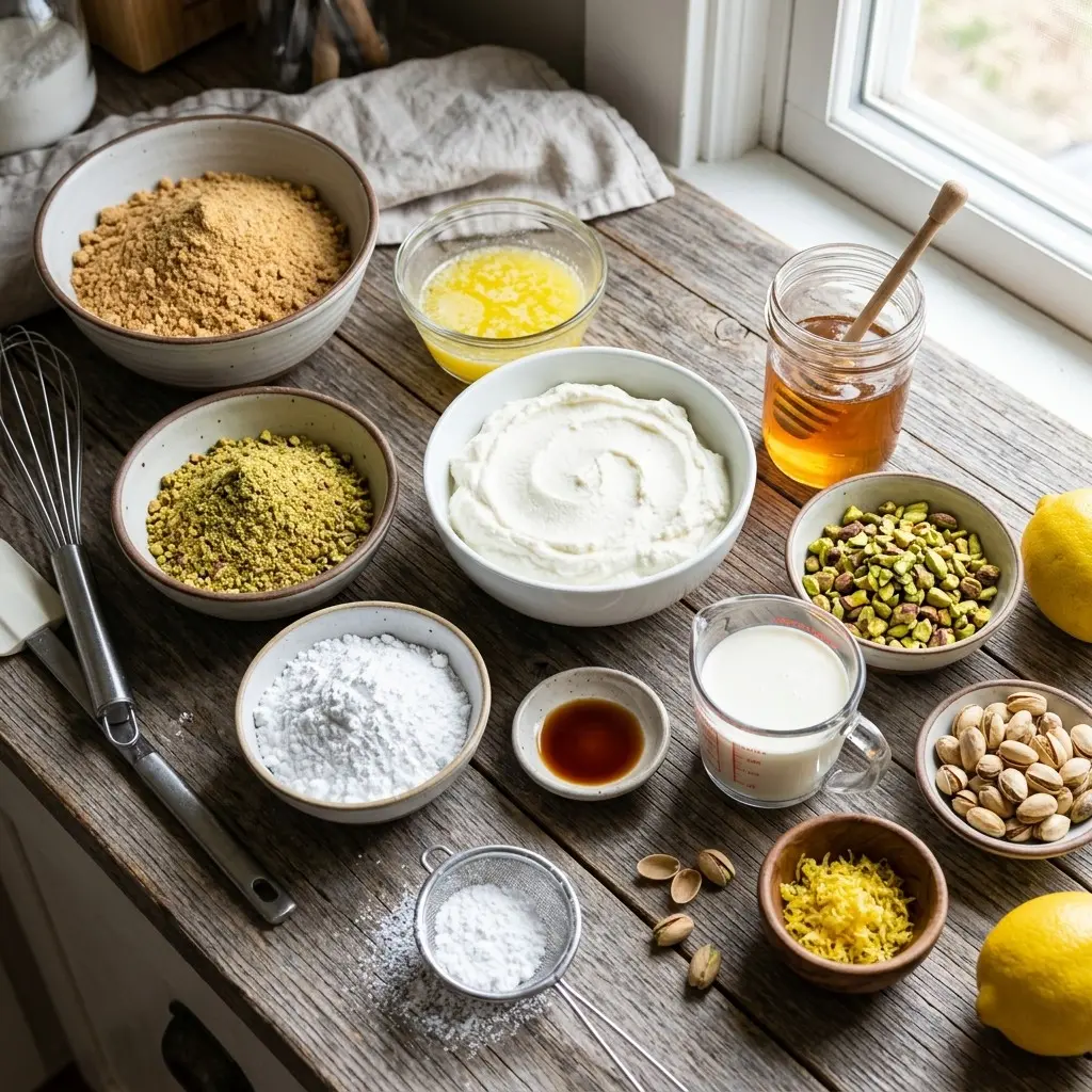 No-Bake Honey Pistachio Ricotta Bars 7 Ingredients for No-Bake Honey Pistachio Ricotta Bars, including ricotta, honey, graham crumbs, butter, and pistachios