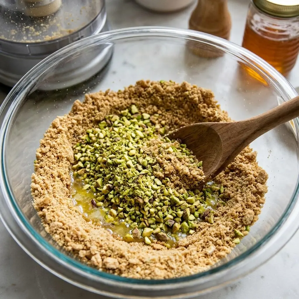 No-Bake Honey Pistachio Ricotta Bars 8 Mixing graham cracker crumbs with chopped pistachios for No-Bake Honey Pistachio Ricotta Bars