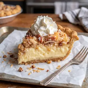 Old fashioned sawdust pie sliced on a plate
